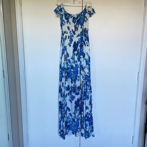 Blue Floral Off the Shoulder Maxi Dress